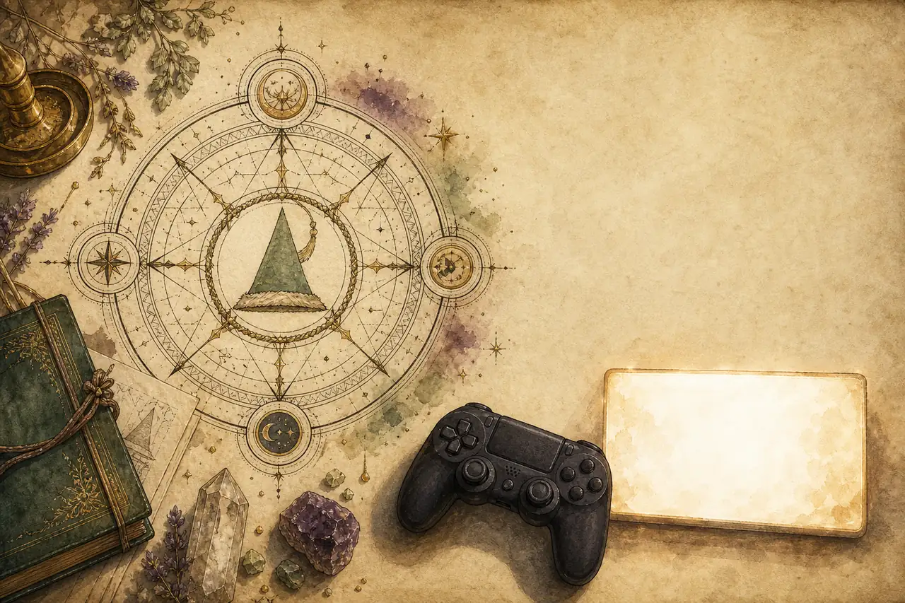 Editorial concept illustration of a Witch Hat Atelier-inspired magic circle beside a game controller; not an official game screenshot