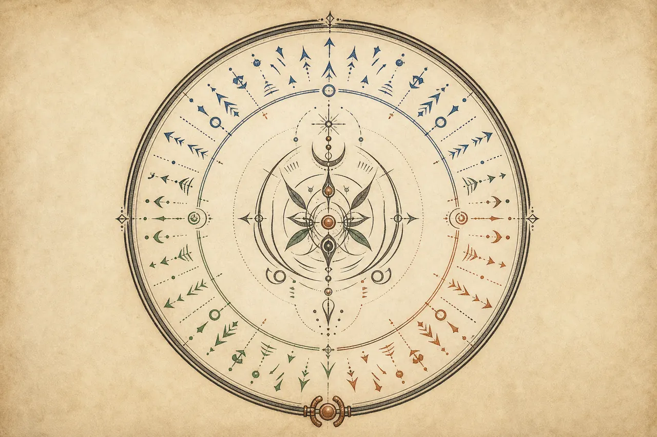 Original explanatory concept diagram of a central mark, modifier layer, and outer magic circle