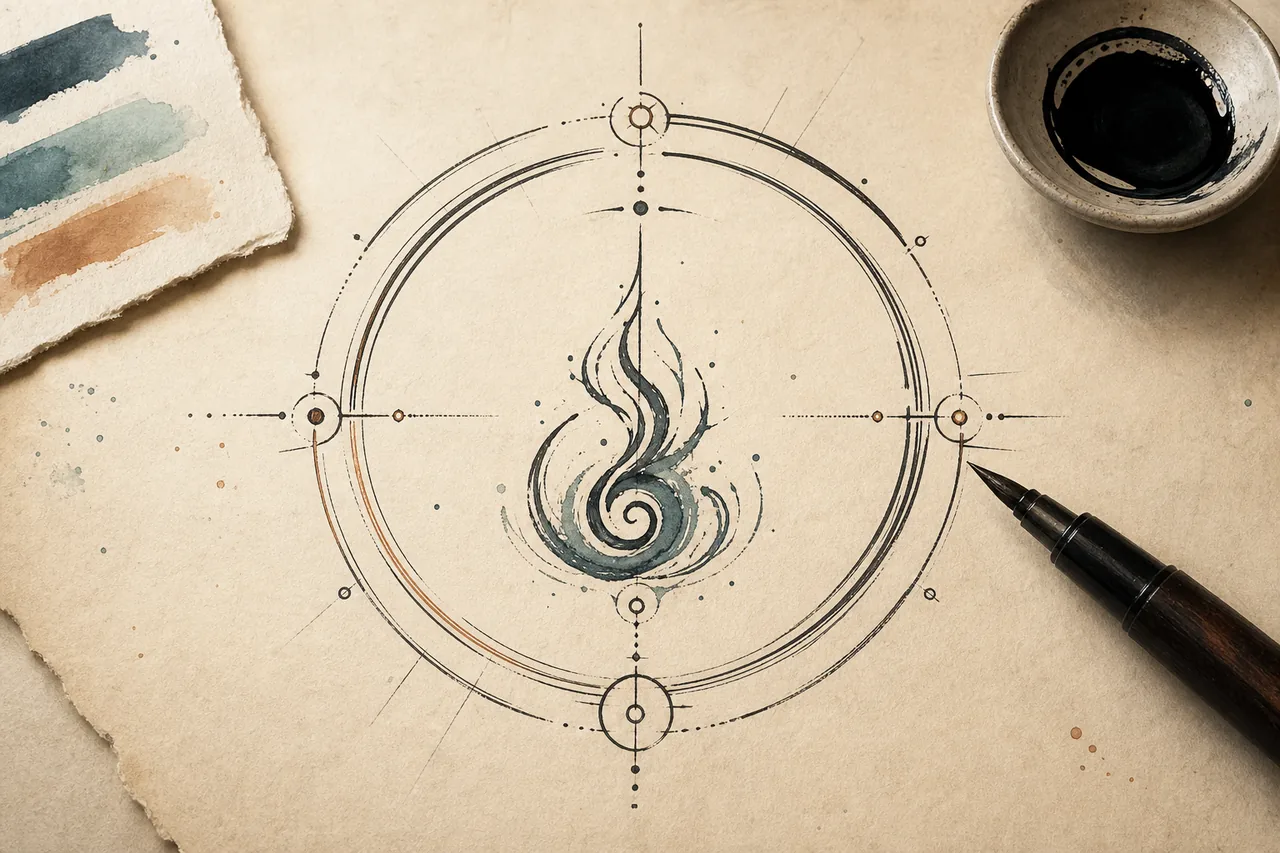 Original concept illustration of a hand-drawn magic circle with ink and pen